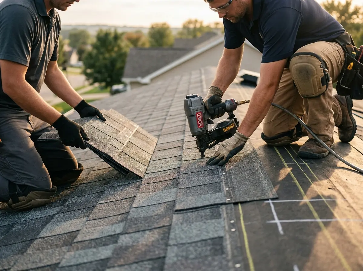 Professional roofer working on a residential roof in Casas Adobes